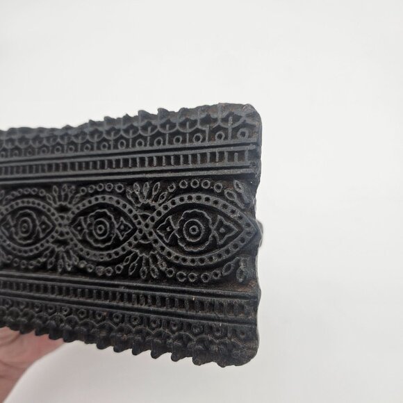 Antique Hand Carved Wood Textile Ornate Border Pattern Fabric Stamp Block - Picture 5 of 11